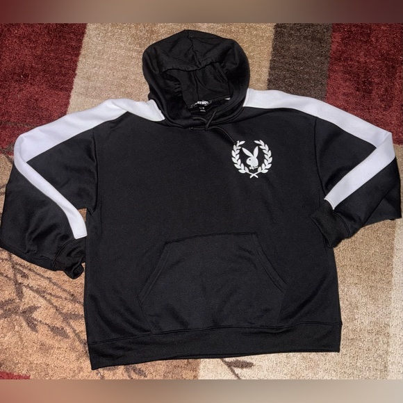 PLAYBOY Tops - PLAYBOY Black Hoodie with White Sleeve Stripes- Size Large New